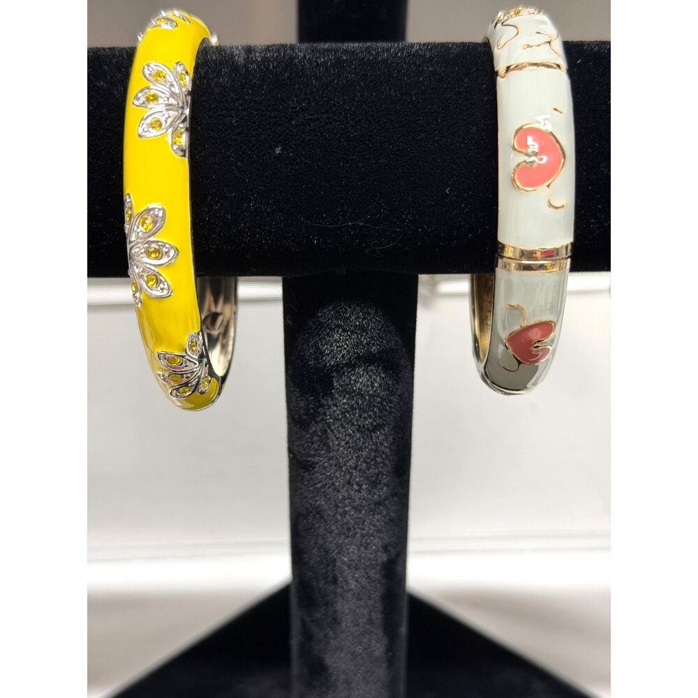 2 Enamel Hinged Cuff Bangle Bracelets Hearts & Flowers 7"